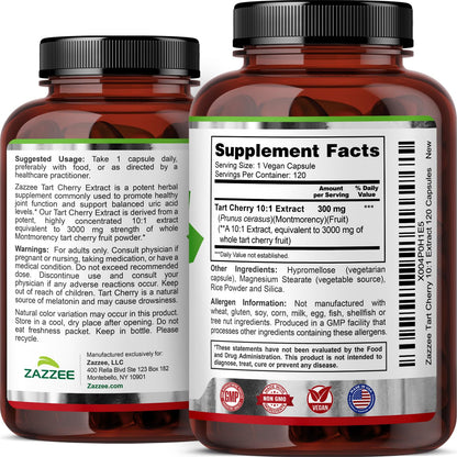 Zazzee Tart Cherry 10:1 Extract, 200 Vegan Capsules, 6+ Month Supply, Montmorency Cherry, Certified Kosher, Joint & Uric Acid Support, Antioxidant Support Formula, Non-GMO, Made in the USA