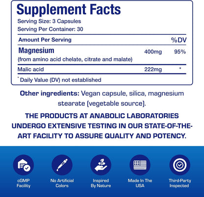 Triple Magnesium Complex 400 Mg - Clinical Formula Chelated Magnesium Supplement with Glycinate Malate and Citrate for Optimal Muscle Nerve Bone & Digestive Health Support - 1 Month Supply