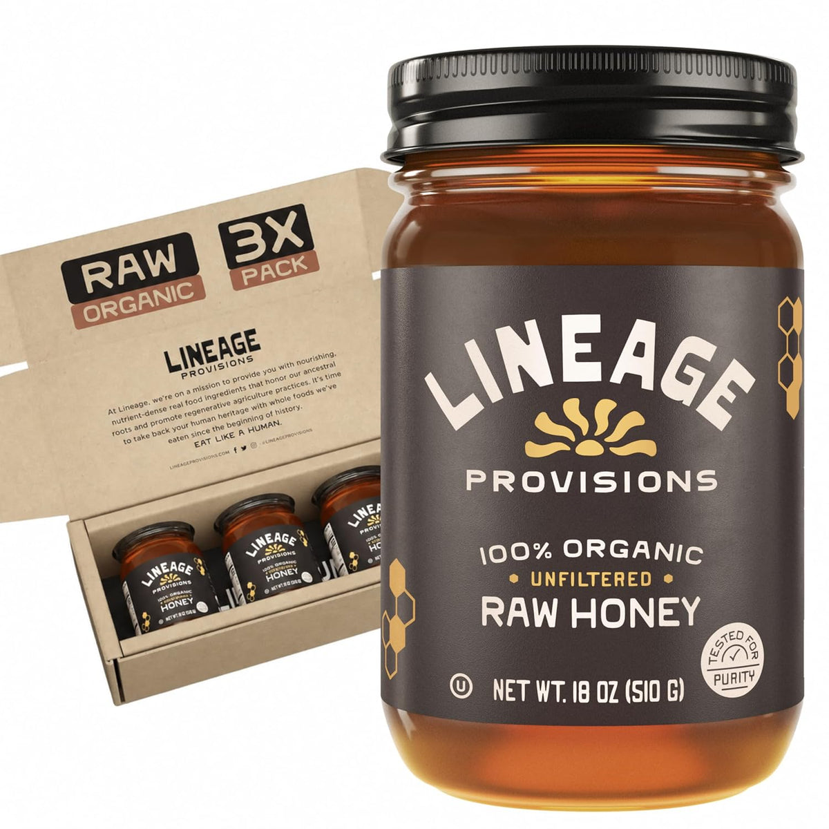 Lineage Provisions Raw Unfiltered Honey, 3-Pack, 18 oz Glass Jars | Undetectable glyphosate, chemical-free, gluten-free & non-GMO. No heating, processing, straining or additives.