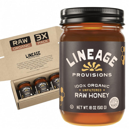Lineage Provisions Raw Unfiltered Honey, 3-Pack, 18 oz Glass Jars | Undetectable glyphosate, chemical-free, gluten-free & non-GMO. No heating, processing, straining or additives.