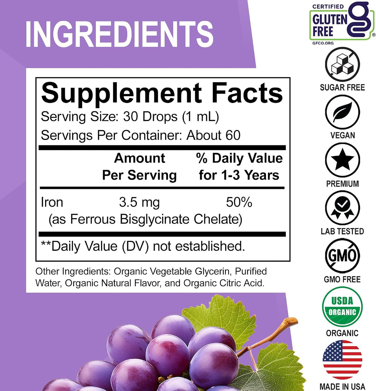 Iron Supplement for Toddlers & Kids - Organic Liquid Iron Drops for Kids, Toddler, Baby, Infant, Toddlers Supplements Ages 1-3 - Organic Vegan Toddler Liquid Drops Supplement, Gluten Free, Non-GMO 2oz