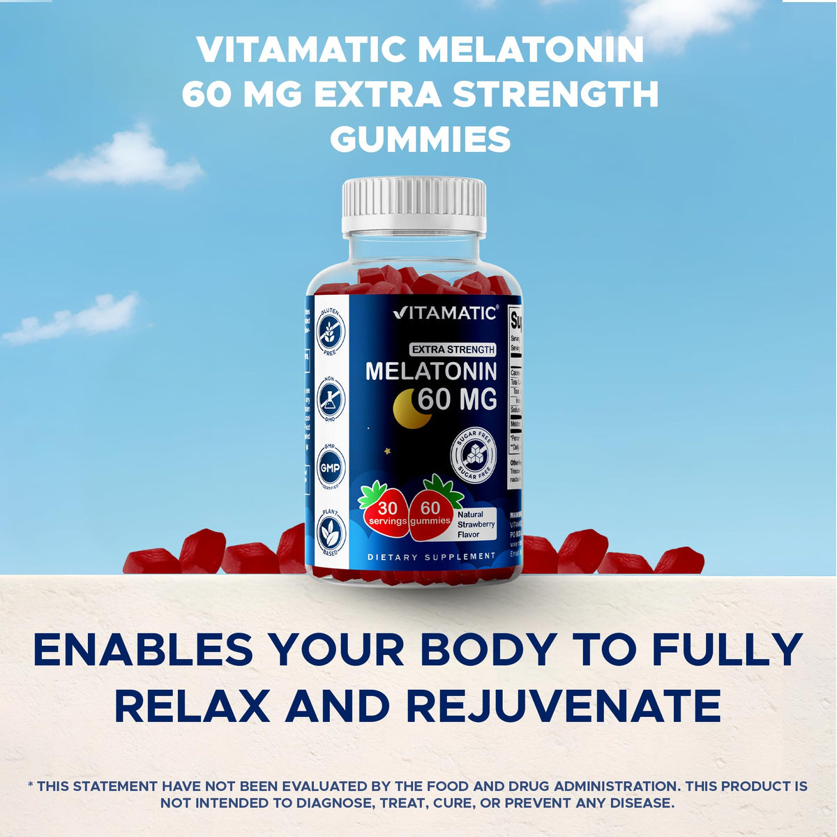 Vitamatic Sugar Free Melatonin 60 mg - 60 Vegetarian Gummies - Non-Habit Forming Supplement