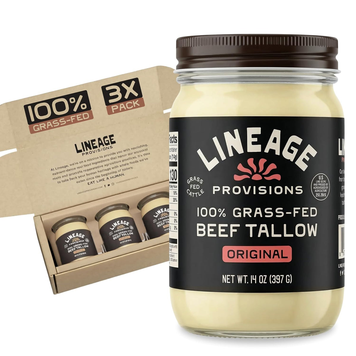 Lineage Provisions Grass-Fed Beef Tallow, 3-Pack Glass Jars | 100% grass-fed & finished, US-raised cattle, nose-to-tail rendered, cooking oil alternative, keto & paleo friendly.