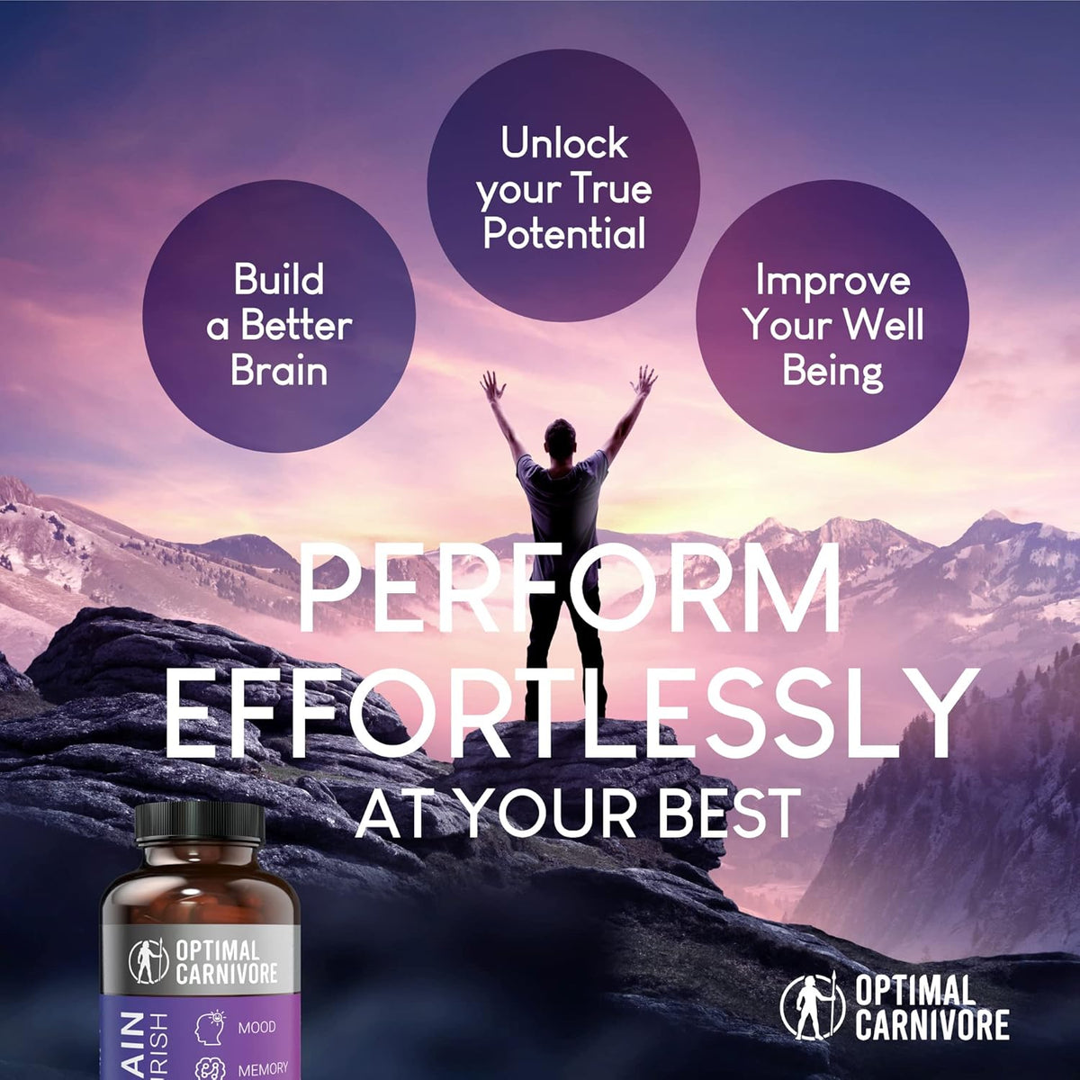 Optimal Carnivore Lions Mane Mushroom Supplement & Beef Brain, Powerful Nootropics Brain Support Supplement, Brain Supplements for Memory and Focus, 180 Capsules