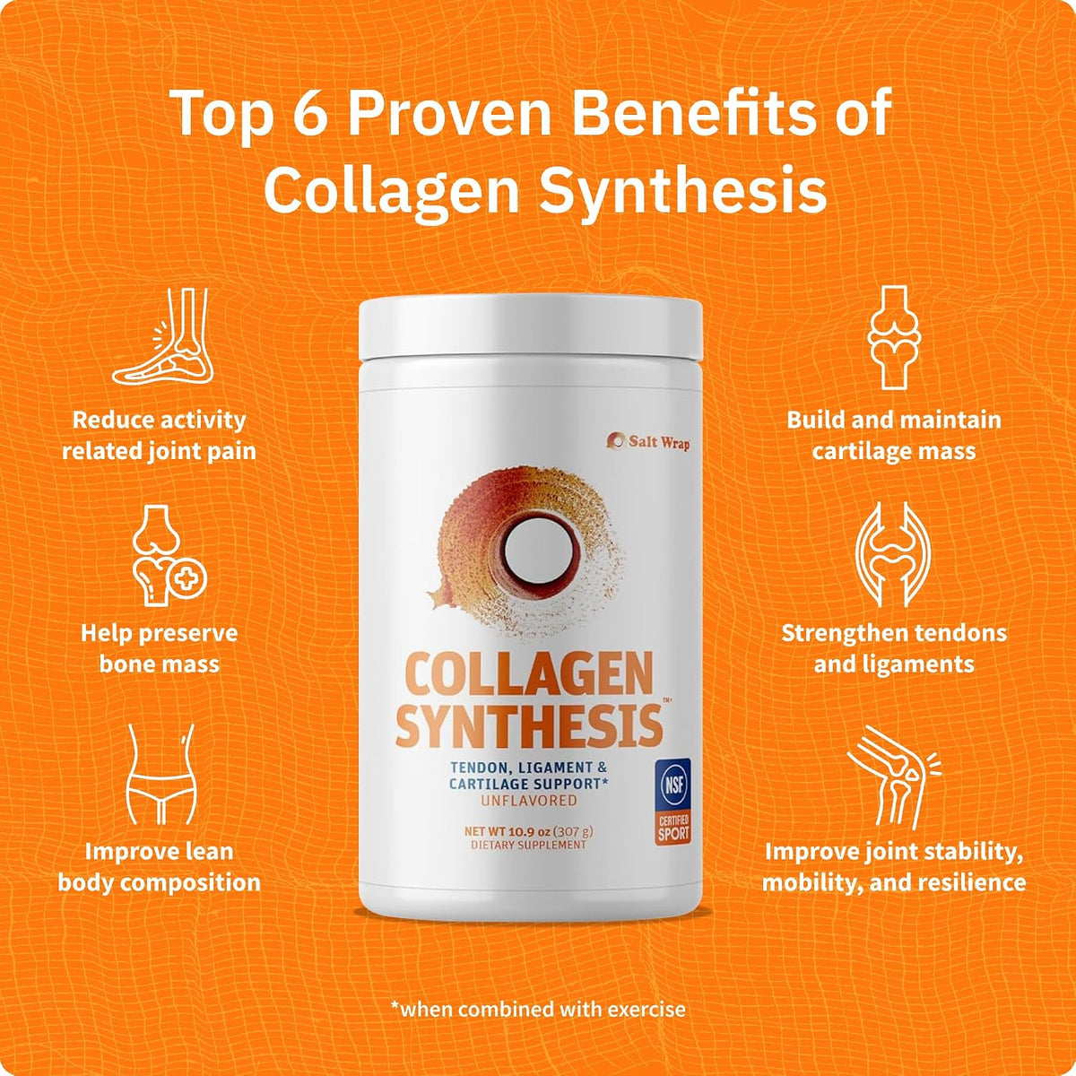 SaltWrap Collagen Synthesis Peptides for Joint and Tendon Recovery | NSF Certified for Sport, Patented Tendoforte and Fortigel Support Cartilage Repair, Unflavored Collagen Powder Supplement