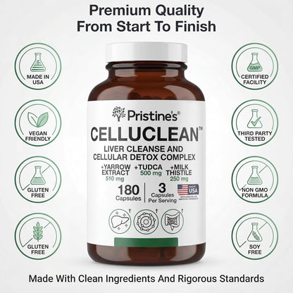 PRISTINE'S CelluClean Liver Support with TUDCA, Milk Thistle, 60 Count | TUDCA, milk thistle and yarrow in a daily liver support routine. Vegan, non-GMO, gluten-free and third-party tested formula