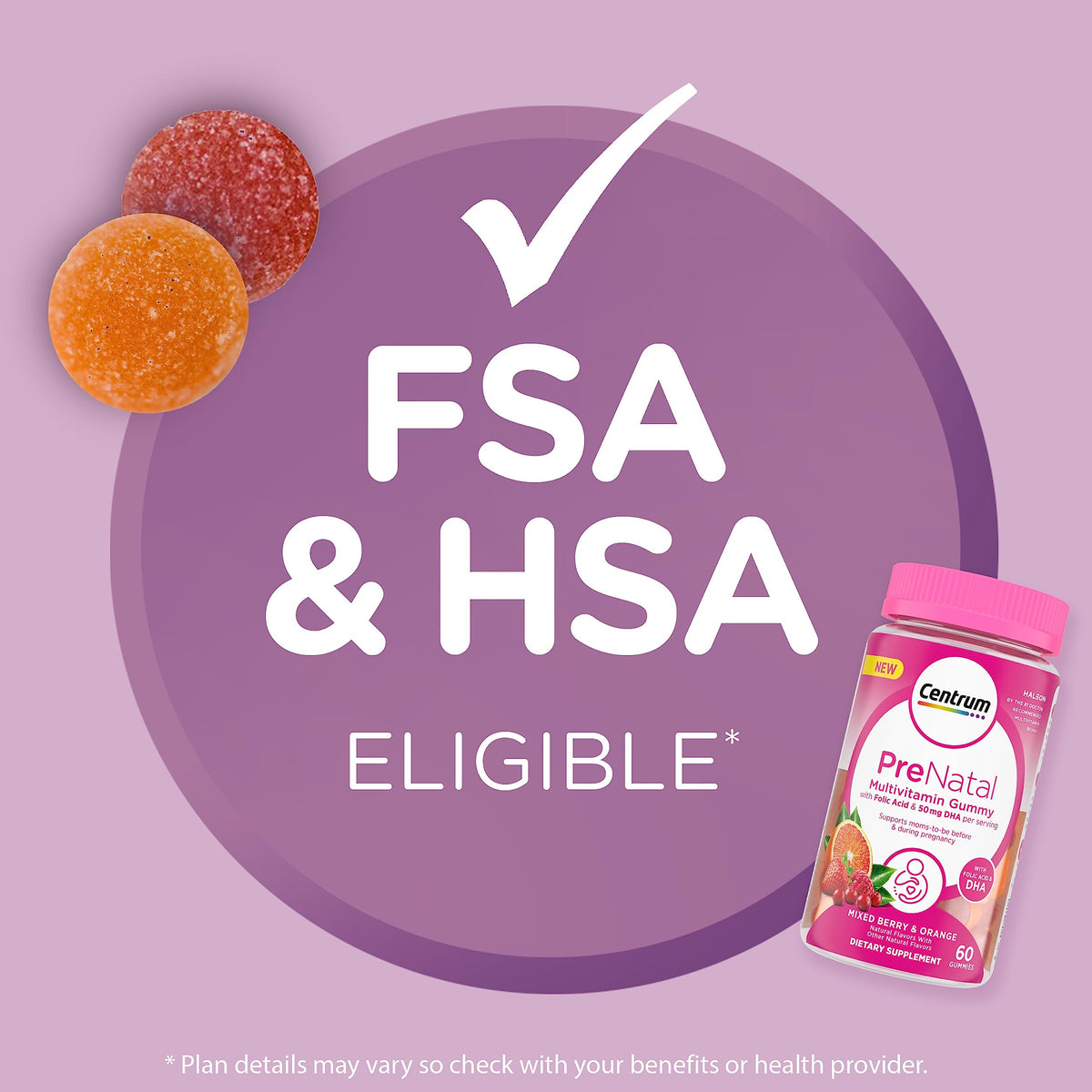 Centrum Prenatal Multivitamin Gummies with DHA and Folic Acid, Mixed Berry and Orange Flavors