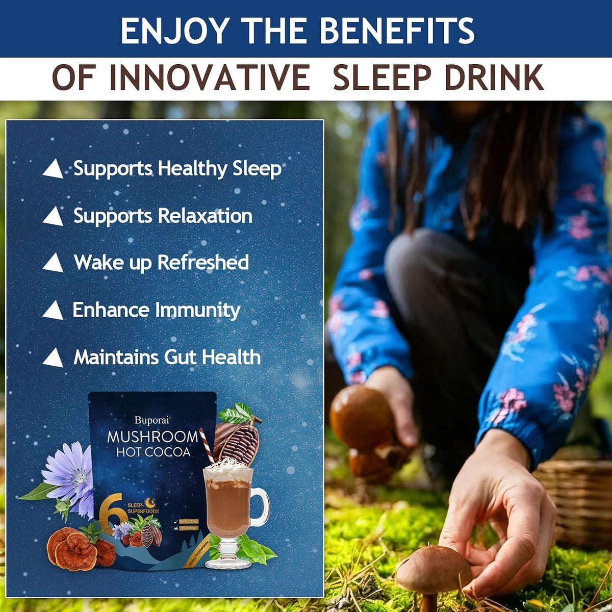 Mushroom Hot Cocoa with Melatonin, Reishi | L-Theanine, Cocoa Powder Hot Chocolate Nighttime Drink Mix for Sleep & Relax - 30 Servings
