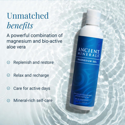 Ancient Minerals Magnesium Gel, Zechstein Chloride, for Massage, 8oz | Pure Zechstein magnesium chloride gel for massage & topical skin application. 8 oz bottle.