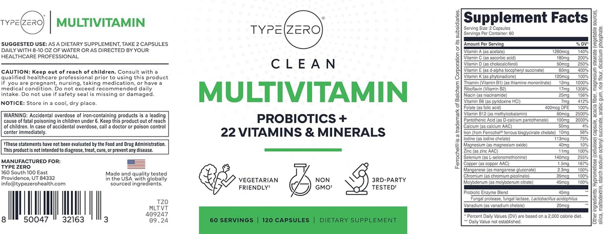 Type Zero Multivitamin Capsules (1,300mg) 120 Capsules, Vegetarian Friendly | With Probiotics + 22 Vitamins and Minerals, GMO-Free