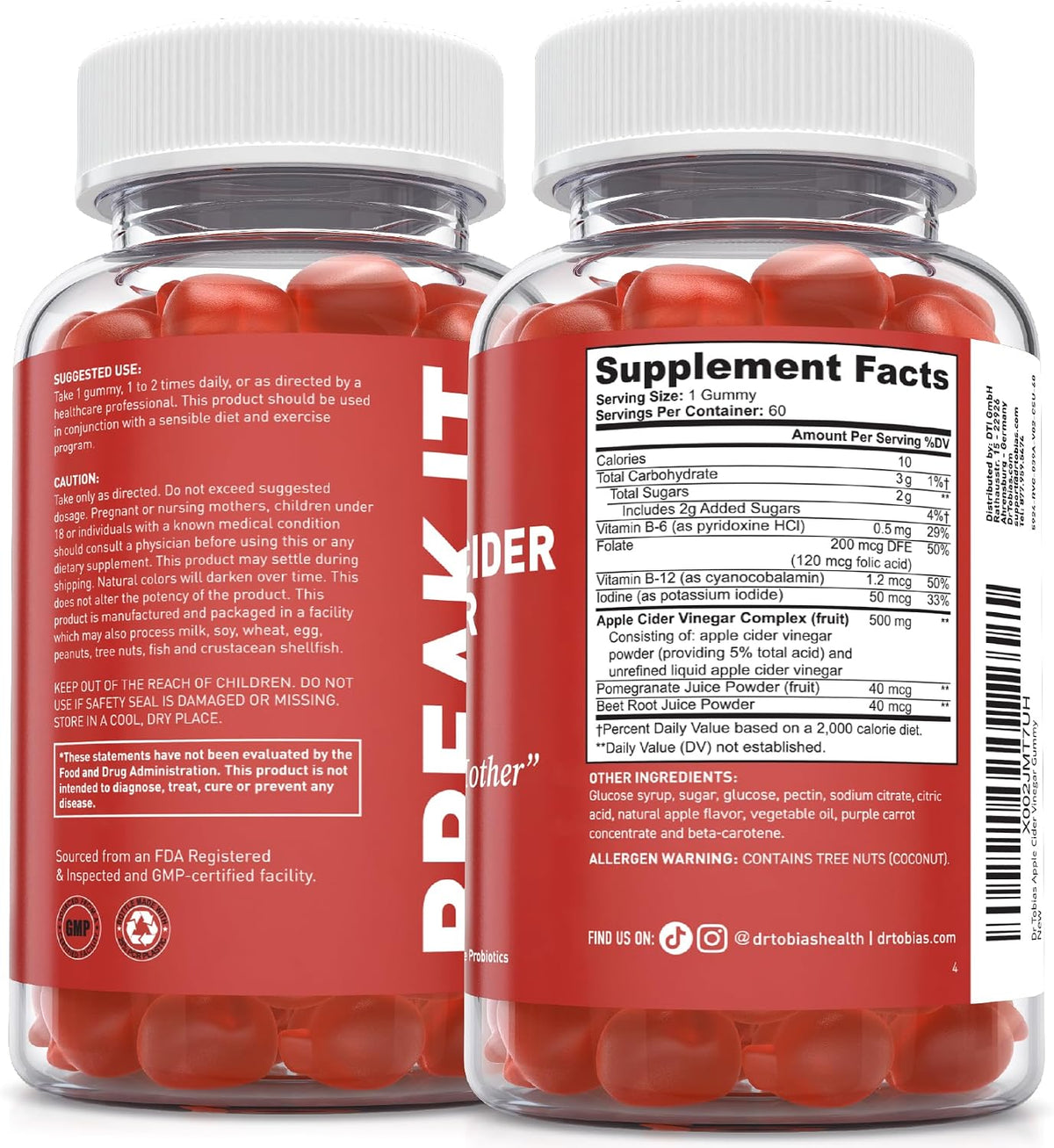 Dr. Tobias Apple Cider Vinegar Gummies with The Mother 60 Count | Digestive & Daily Wellness Support | 500 mg ACV | Folate + B6 + B12 + Iodine | Vegan | 30 Servings