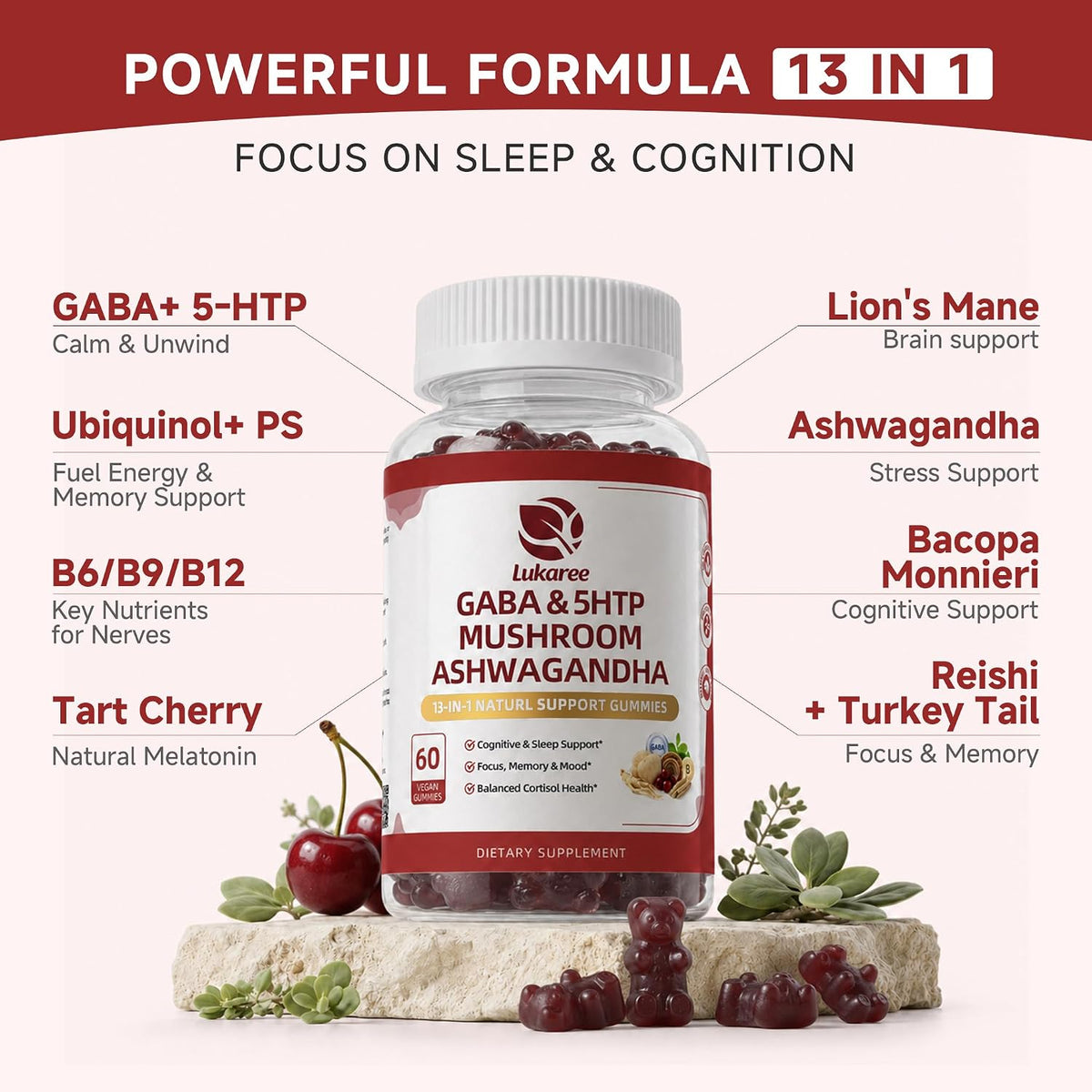 GABA & Mushroom Gummies Supplement for Sleep & Brain Support,Extra Strength | Plus Mushroom Complex, 5‑HTP & Tart Cherry, No Melatonin for Natural Sleep, Berry Flavor-Sugar Free, 60 Gummies