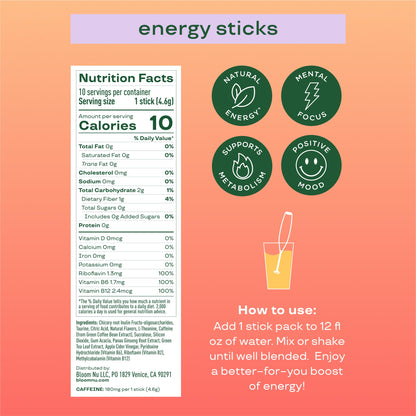 Bloom Nutrition Energy Drink Powder Packets, Strawberry Watermelon, 10 Ct | Sugar Free Drink Mix with L-Theanine, B Vitamins & Natural Caffeine, On the Go Powder Sticks for Natural Energy, 10 Calories