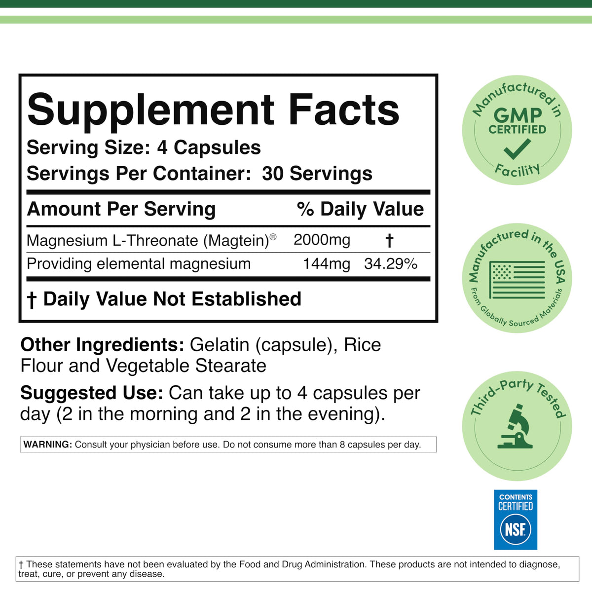 Magnesium L Threonate, Magtein - NSF Certified - Sleep and Cognitive Support – High Absorption – Most Bioavailable Form of Magnesium – 2,000 mg – 120 Capsules