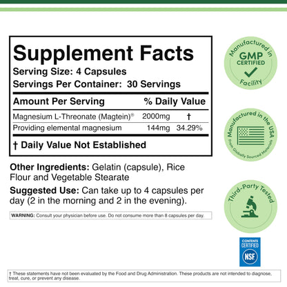 Magnesium L Threonate, Magtein - NSF Certified - Sleep and Cognitive Support – High Absorption – Most Bioavailable Form of Magnesium – 2,000 mg – 120 Capsules