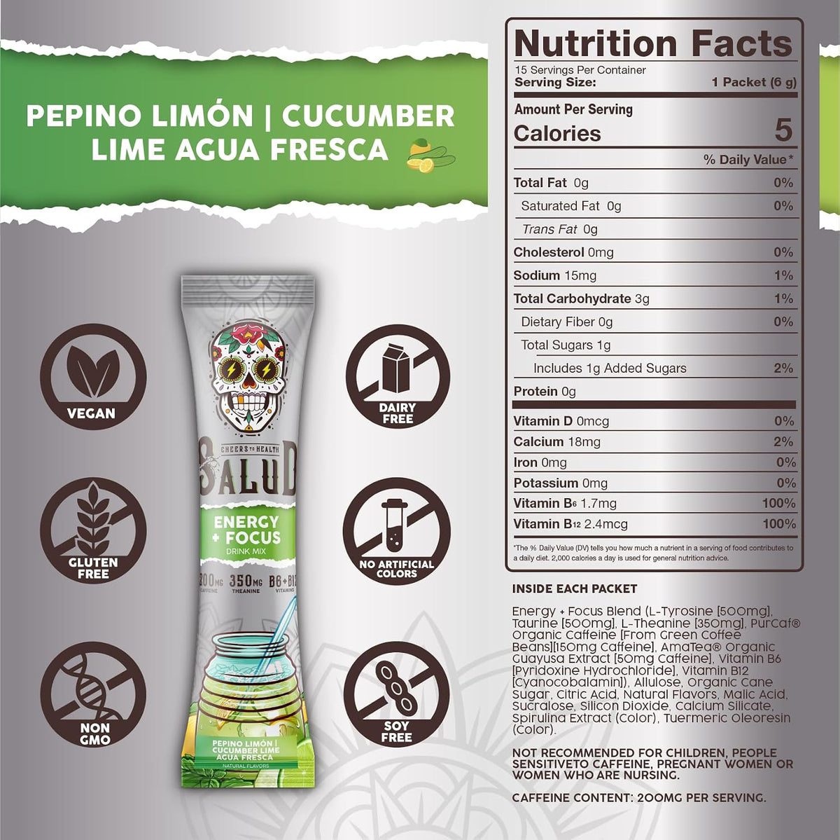 Salud 2-Pack | 2-in-1 Hydration + Immunity (Lemonade) & Energy + Focus (Cucumber Lime) – 15 Servings Each, Agua Fresca Drink Mix, Non-GMO, Gluten Free, Vegan, Low Calorie, 1g of Sugar