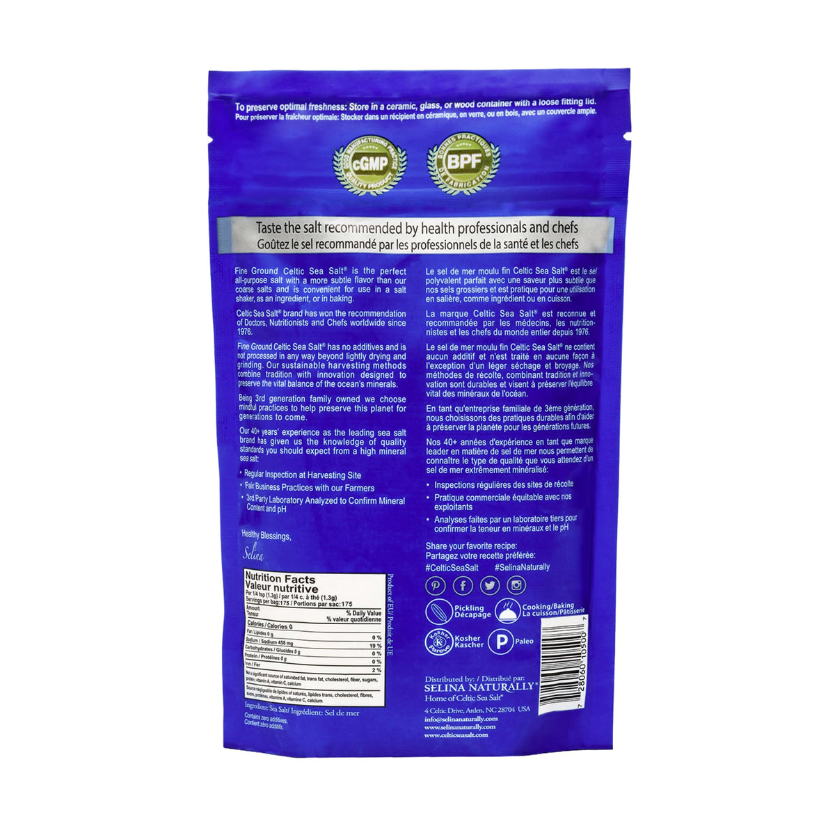 Celtic Sea Salt Fine Ground – Unrefined Mineral Salt, Sustainably Harvested, GMP Certified, Lab Tested – Baking, Cooking, Hydration, Everyday Use – 1 lb Resealable Bag