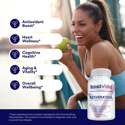 Research Verified Resveratrol - 98% Trans-Resveratrol 1000 mg, Anti-Aging Support - 60 Capsules per Bottle - 3 Bottles