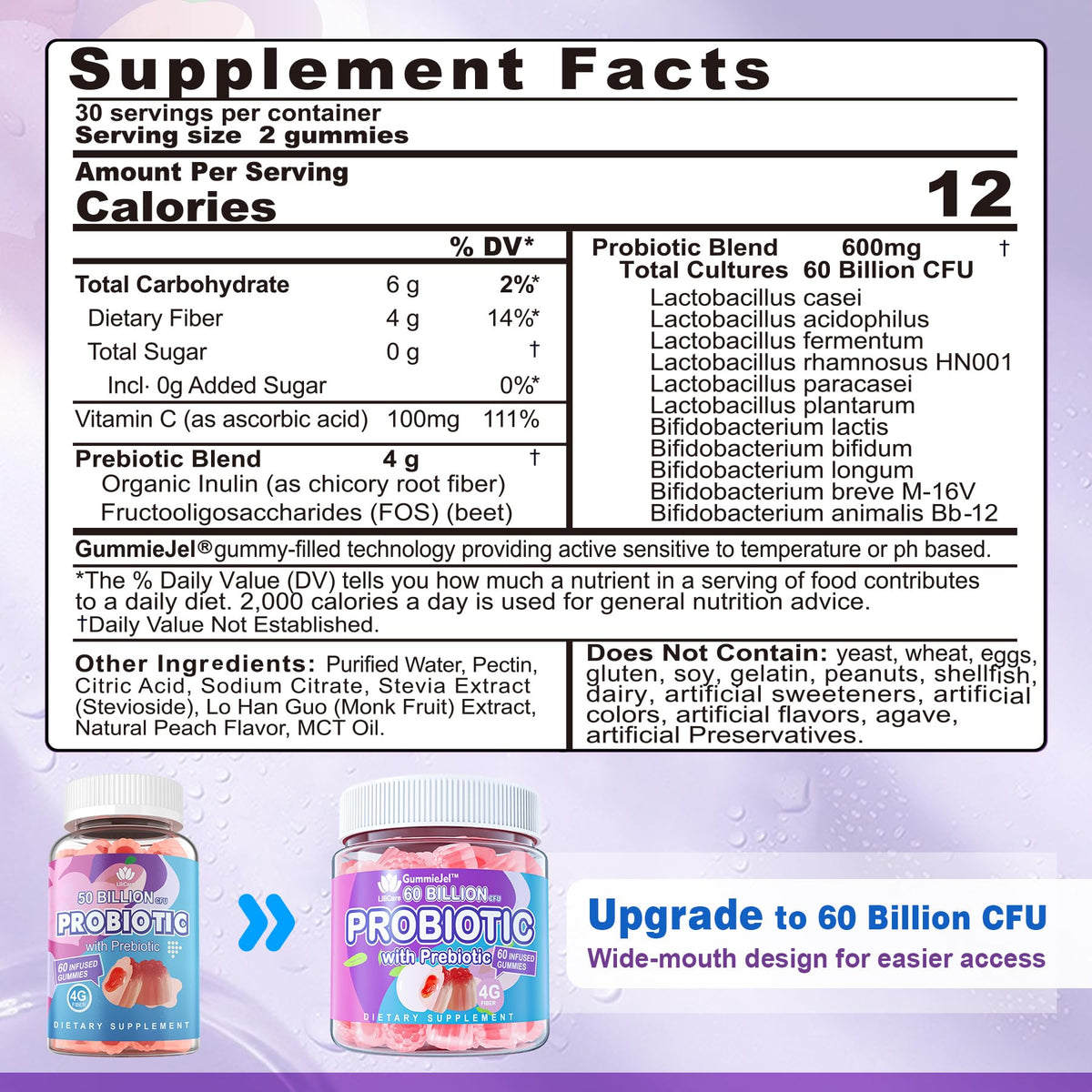 Probiotic Gummies 60 Billion CFU for Women Men & Kids, 11 Strains Probiotics + Organic Prebiotics Fiber for Immune, Digestive Health, Supports Constipation, Diarrhea, Gas & Bloating - Sugar Free, 60ct