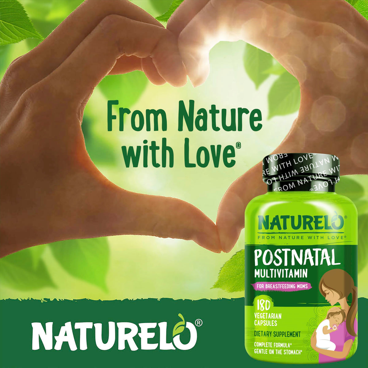 NATURELO Postnatal Multivitamin - Supplement for Breastfeeding Women - Plant-Based Vitamin D, Folate, Gentle Iron - for Nursing Mother, Baby - Post Natal Lactation Support 180 Capsules