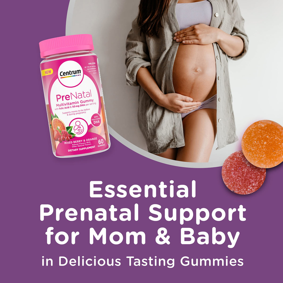 Centrum Prenatal Multivitamin Gummies with DHA and Folic Acid, Mixed Berry and Orange Flavors