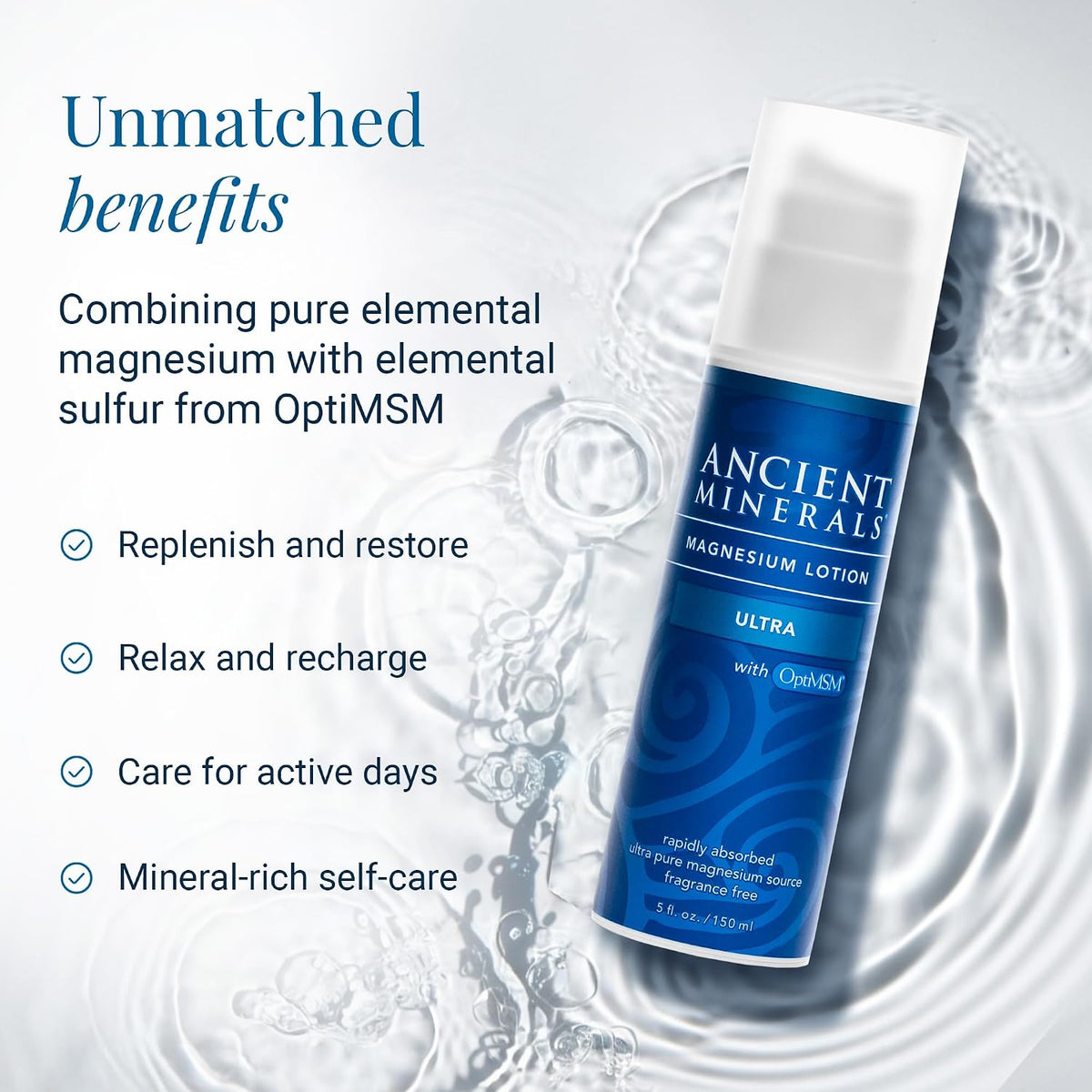 Ancient Minerals Magnesium Lotion Ultra with MSM, Zechstein, 5oz | Zechstein magnesium chloride lotion with OptiMSM for enhanced topical absorption. 5 oz.