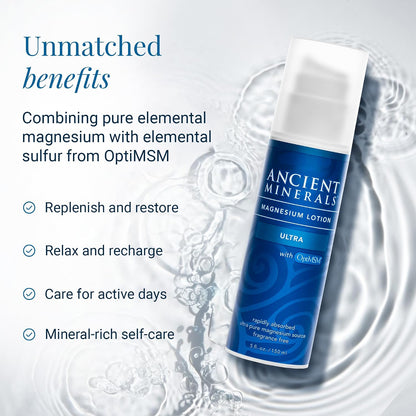 Ancient Minerals Magnesium Lotion Ultra with MSM, Zechstein, 5oz | Zechstein magnesium chloride lotion with OptiMSM for enhanced topical absorption. 5 oz.