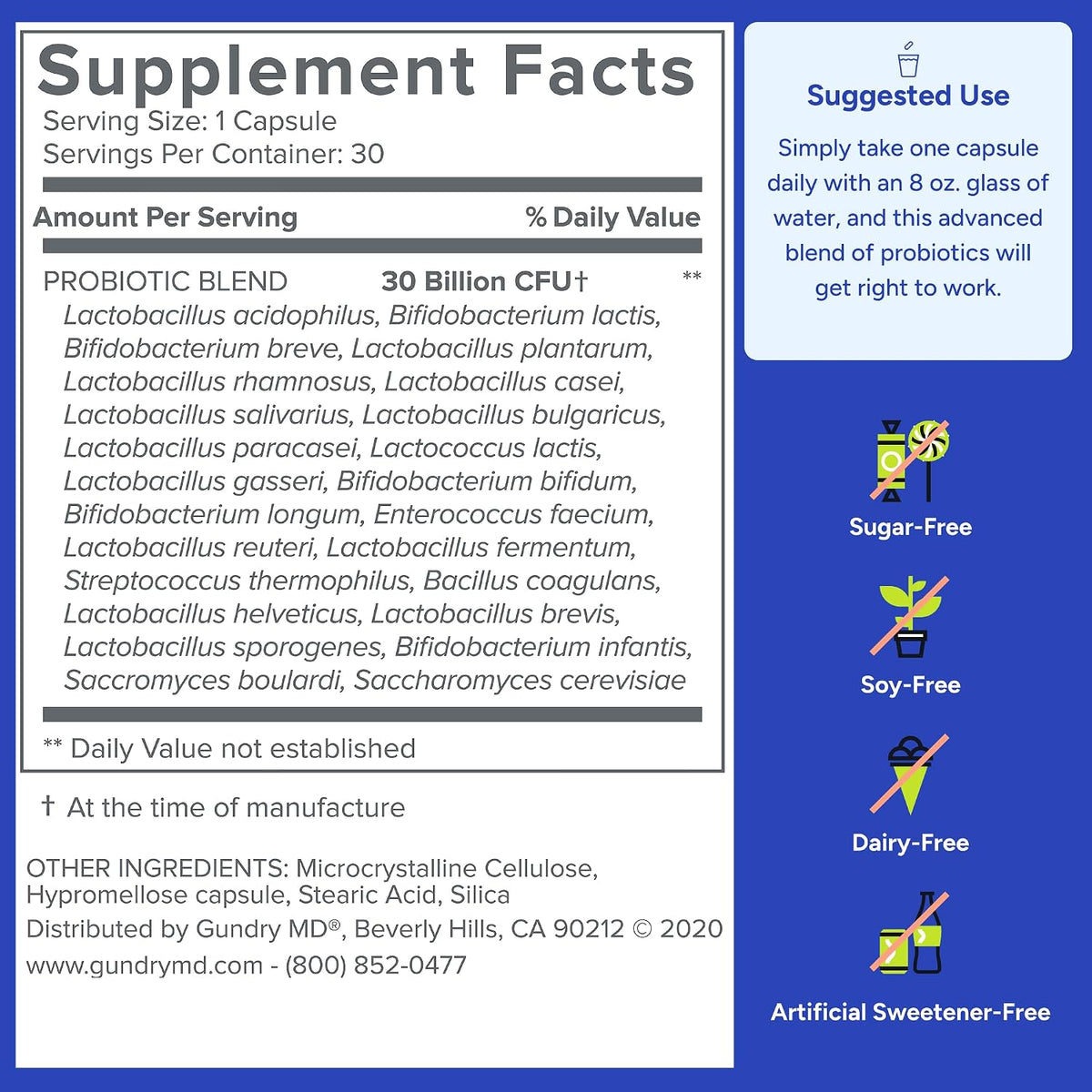 Gundry MD® 24 Strain Probiotic, 30 Billion CFU, 30 Capsules | Gut Health Support & Digestive Balance, Reduced Gas & Bloating, Lactobacillus and Bifidobacterium, 1 Daily Capsule