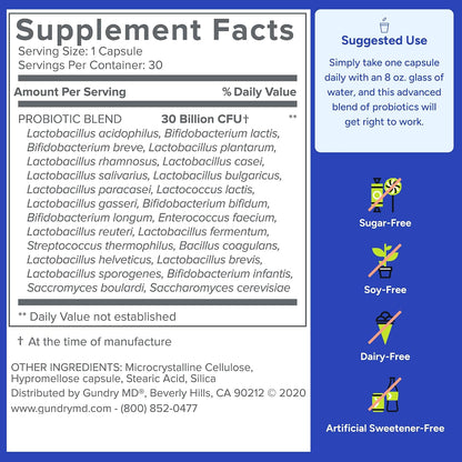 Gundry MD® 24 Strain Probiotic, 30 Billion CFU, 30 Capsules | Gut Health Support & Digestive Balance, Reduced Gas & Bloating, Lactobacillus and Bifidobacterium, 1 Daily Capsule