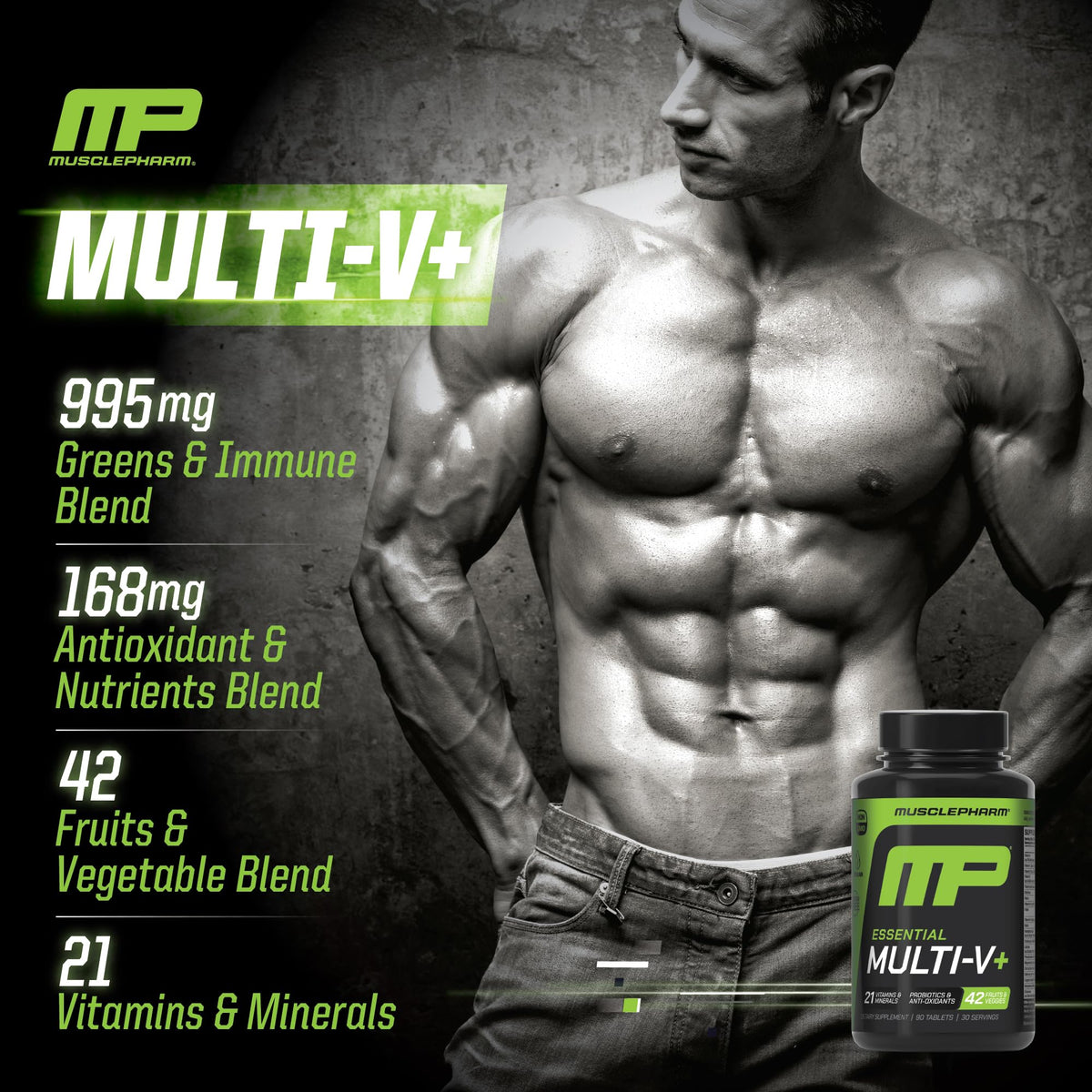 Muscle Pharm Essentials Multi-V+, The Athlete's Multi-Vitamin, Enhanced Energy, Performance & Immune Health, Daily Multivitamin for Men & Women with Minerals Plus Probiotics, 90 Tablets, 30 Servings