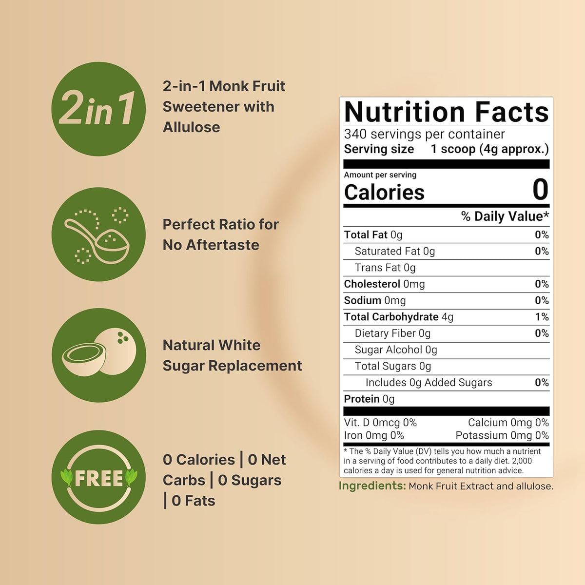 Monk Fruit & Allulose Sweetener with No Erythritol, 3 Pounds | 0 Aftertaste, 0 Calories, 0 Net Carbs – 1:1 Sugar Substitute – Perfect Sweet Balance for Baking, Cooking, Beverages – Keto, Vegan