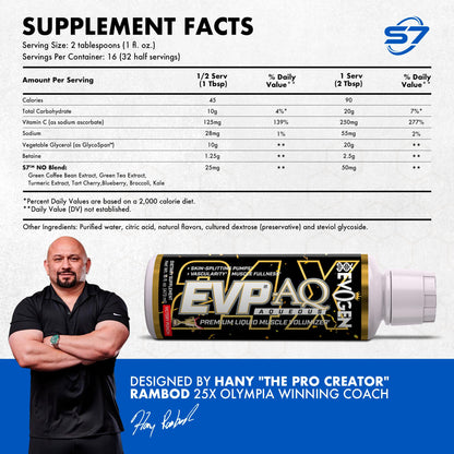 Evogen EVP AQ Liquid Glycerol | Muscle Volumizer | Unflavored | 16 Fl Oz | S7 nitric oxide blend with betaine anhydrous for pumps, vascularity, fullness and hydration; low-stim and clean