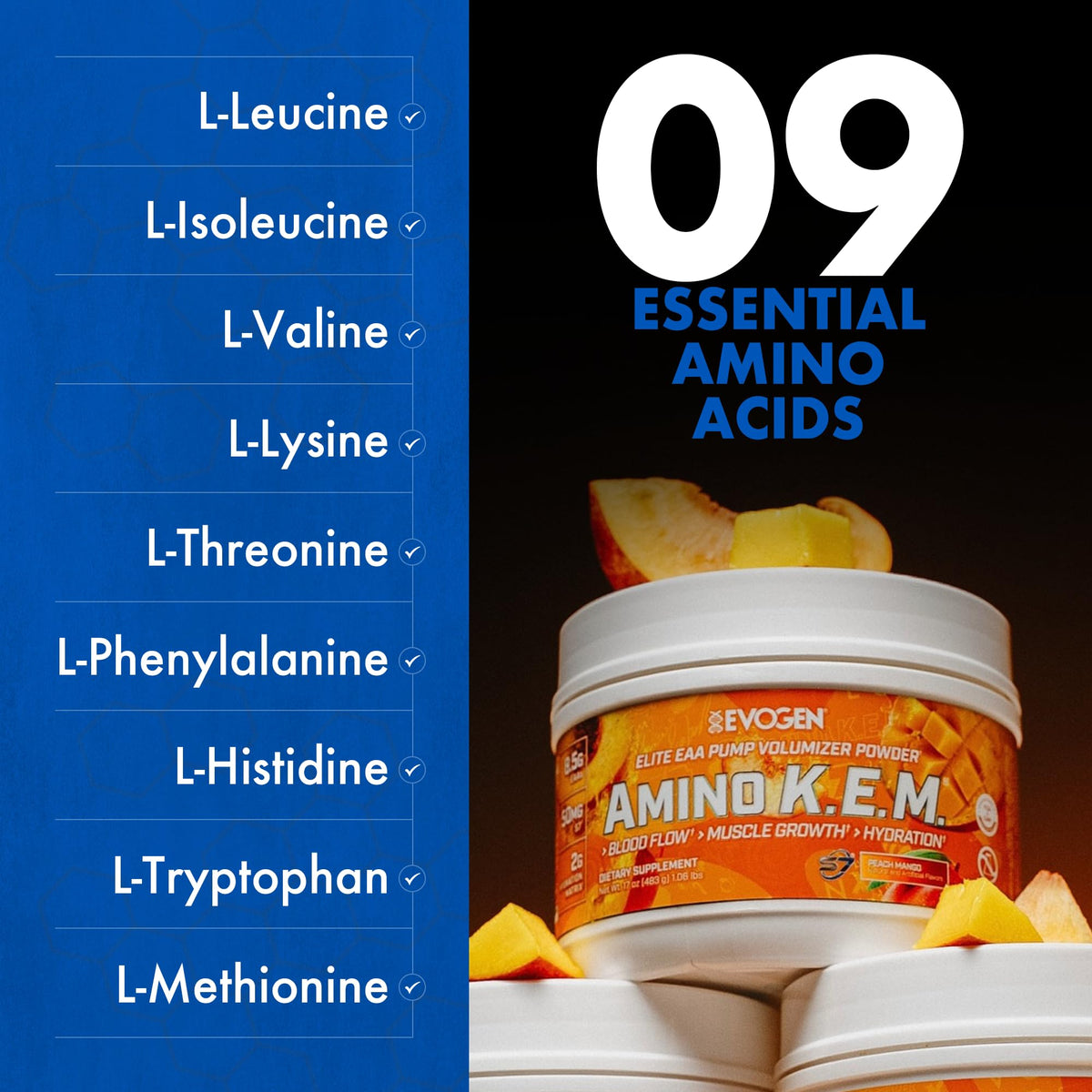 Evogen Amino K.E.M. EAA & BCAA | Tropic Thunder | 30 Servings | S7 nitric oxide blend with betaine anhydrous, coconut water and leucine for blood flow, muscle growth, hydration and recovery