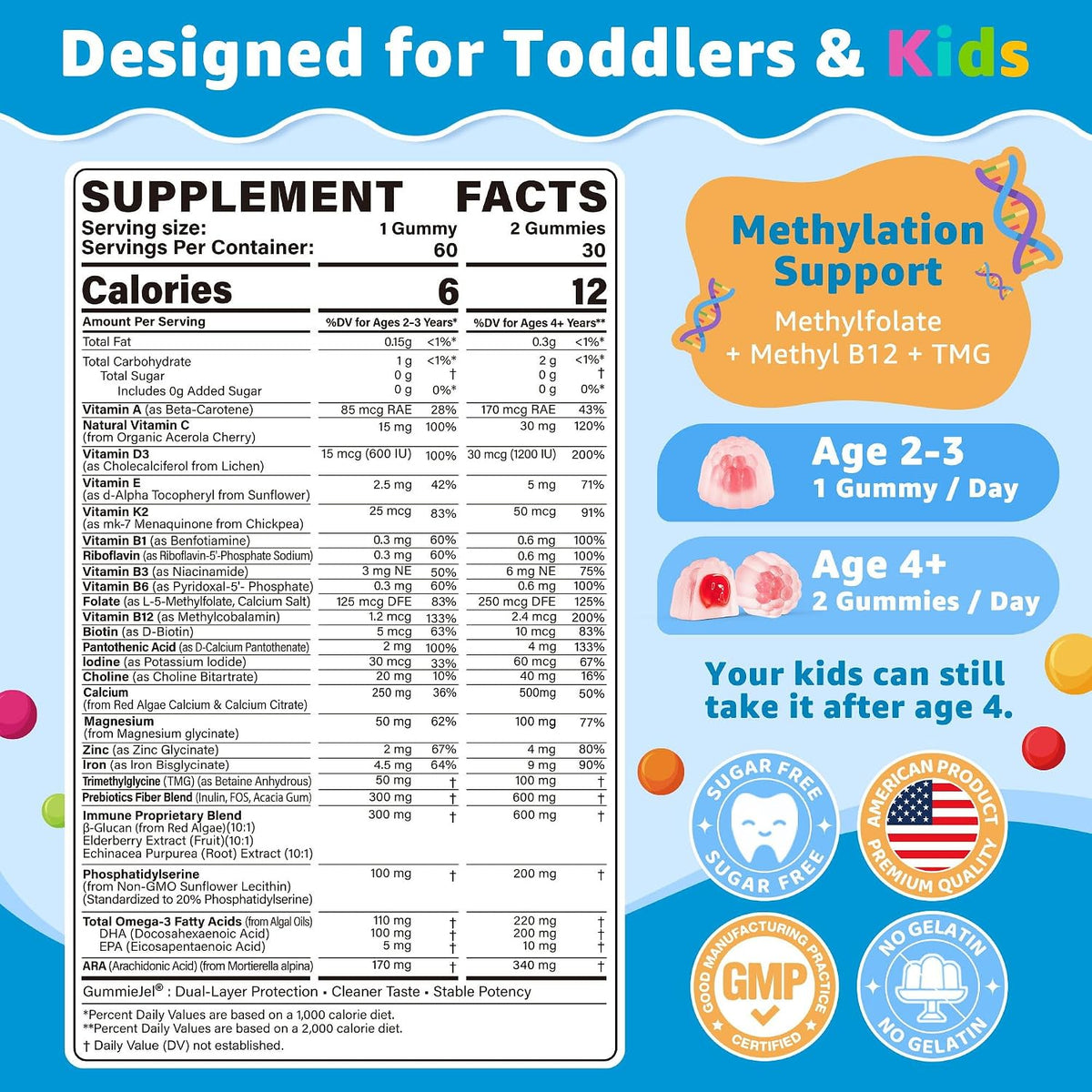 Toddler 2-3 & Kids 4+ Multivitamin Gummies w/ Iron, Omega-3, ARA, Calcium, Prebiotic, Methylated Picky Eater Vitamins for Kids 2+ Growth & Development | Vitamin C, D3 K2, B12, Methylfolate, Sugar Free