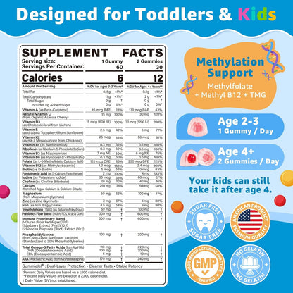 Toddler 2-3 & Kids 4+ Multivitamin Gummies w/ Iron, Omega-3, ARA, Calcium, Prebiotic, Methylated Picky Eater Vitamins for Kids 2+ Growth & Development | Vitamin C, D3 K2, B12, Methylfolate, Sugar Free