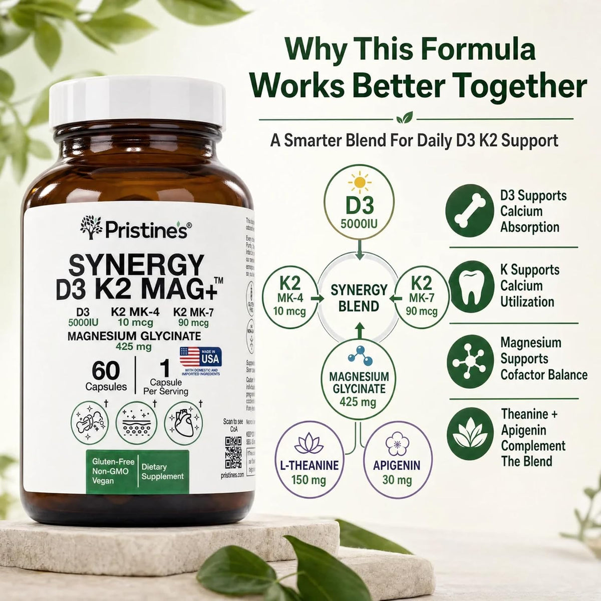 Pristine's NSF Certified Vitamin D3 K2 5000 IU with Magnesium, 60 Caps | Two forms of K2, MK-4 and MK-7, plus apigenin, L-theanine and magnesium glycinate. Non-GMO, gluten-free, NSF Certified.
