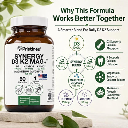 Pristine's NSF Certified Vitamin D3 K2 5000 IU with Magnesium, 60 Caps | Two forms of K2, MK-4 and MK-7, plus apigenin, L-theanine and magnesium glycinate. Non-GMO, gluten-free, NSF Certified.