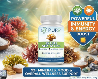 PURE® Irish Sea Moss 750mg - 60 Organic Capsules - Wildcrafted North Atlantic Superfood with 92 Essential Minerals - Thyroid, Immune & Energy Support - Made in the USA