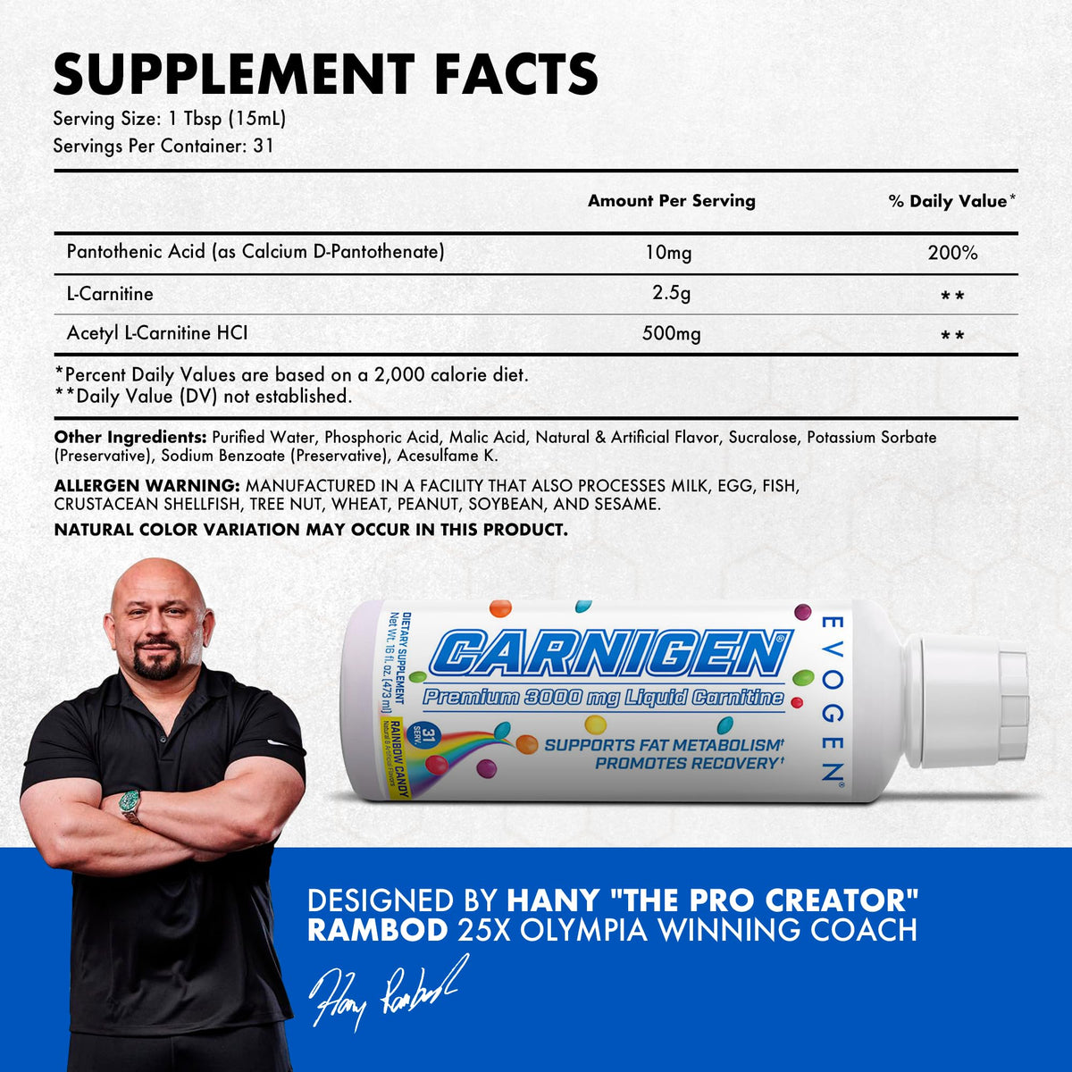 Evogen Carnigen Liquid 3000 | Energy Support | Sour Gummies | 31 Servings
