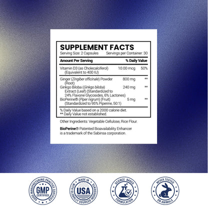 Research Verified Vertigo Defense - Soothe Symptoms and Support Inner Ear Balance - Vitamin D3, Ginger, Ginkgo Biloba, BioPerine - 60 Capsules