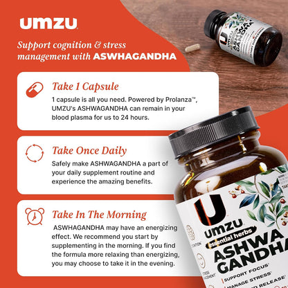 UMZU Ashwagandha Supplement Capsules, 30 Day Supply | Extended-Release Formula, Healthy Stress Response Support, Mood and Calm Support, Cognitive Function, Daily Balance