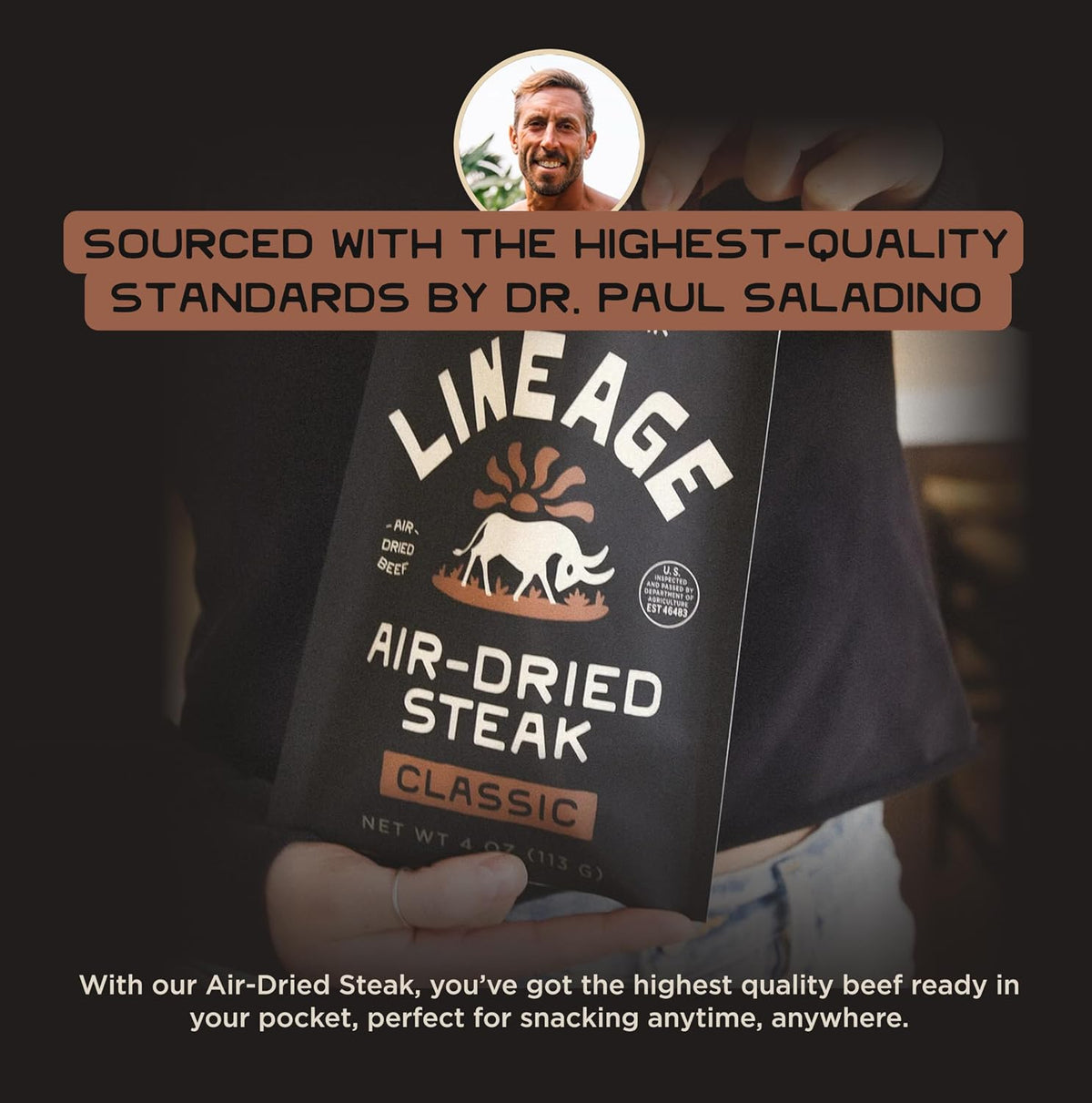 Lineage Provisions Air-Dried Steak Jerky Bites, 3-Pack | 100% grass fed nutrient-dense carnivore snacks, keto-friendly steak jerky with zero sugar, zero carbs & high protein snack.