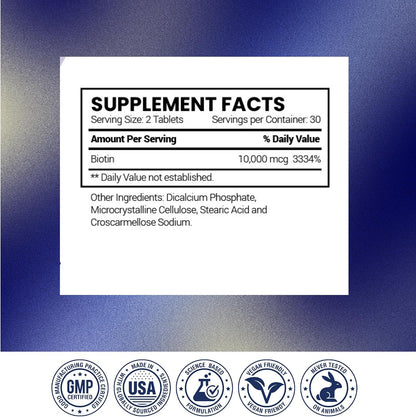 Research Verified Biotin – Pure Extra Strength Biotin 10000mcg – Hair Skin and Nails Vitamin – Third-Party Tested, Made in USA – 60 Vegan Tablets