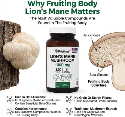 PRISTINE'S Lion's Mane 1000mg Mushroom Capsules, Fruiting Body, Vegan | Focus, memory and brain health support from lion's mane fruiting body. 60 day supply, vegan, non-GMO, gluten-free