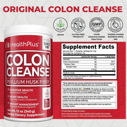 Health Plus Colon Cleanse Psyllium Husk Fiber Powder, 12 oz, 48 Servings | Gluten free daily fiber powder; supports the body's natural detoxification process, regularity, and digestive wellness