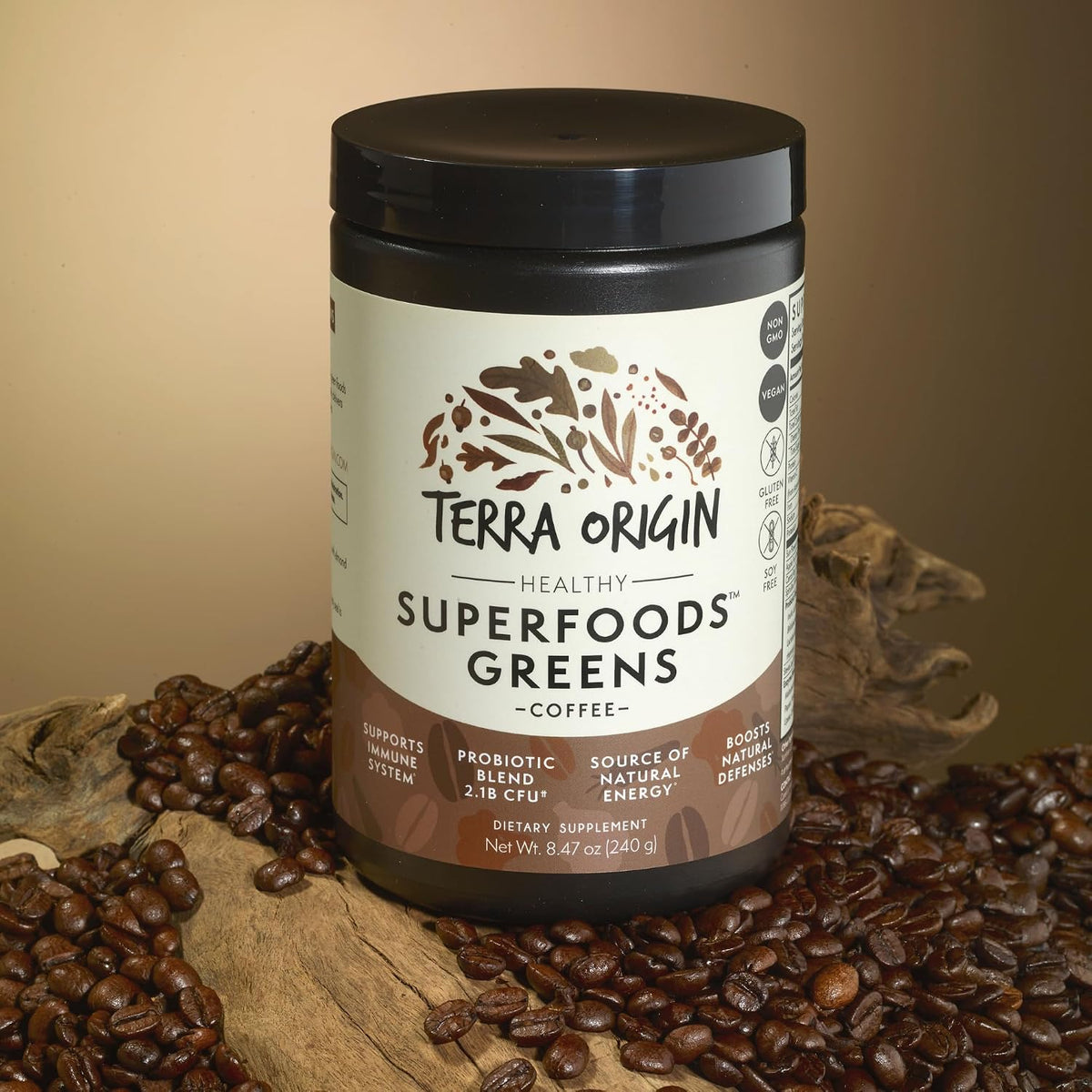 TERRA ORIGIN Superfoods Greens Blend | Organic Vegetable Supplement with Tumeric, Milk Thistle, Green Tea, Chlorella | Non-GMO, Gluten-Free, Vegan | Coffee | 30 Servings