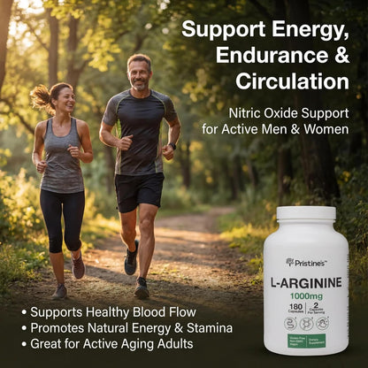 PRISTINE'S L-Arginine 1000mg Capsules, Nitric Oxide Blood Flow Support | Pre-workout amino acid support for blood flow and nitric oxide production. 90 day supply, vegan, non-GMO, gluten-free
