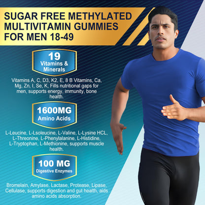Methylated Multivitamin for Men Gummies, BCAA Amino Acids, Zinc, Daily Vitamin A C D3 E K2 B Complex, Calcium, Magnesium, Lycopene, Digestive Enzymes - Energy, Immune, Muscle- Sugar Free, Vegan, 60Cts