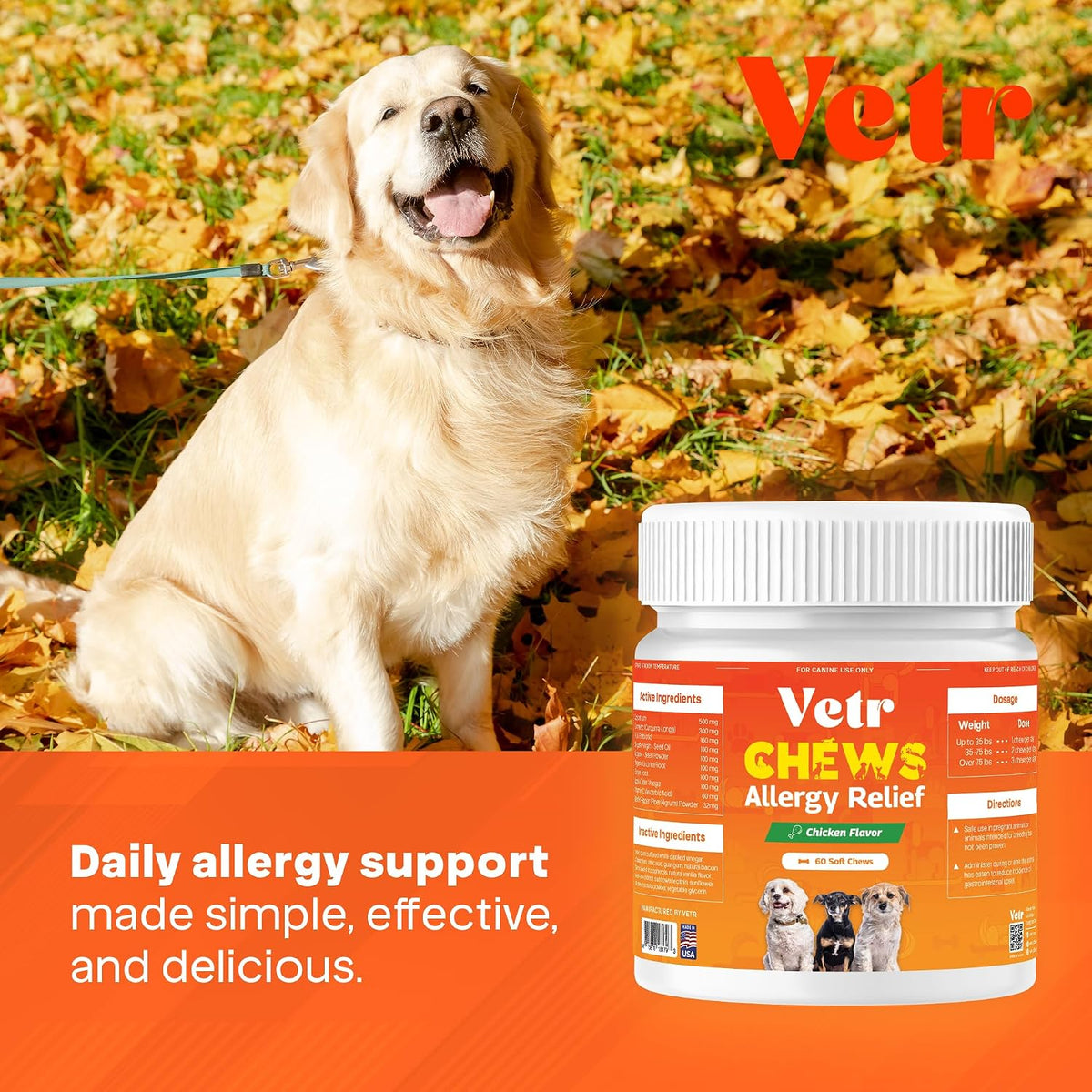 Vetr Allergy Relief Chews for Dogs - Dog Itching Skin Relief, Dog Allergy Treats with Probiotics and Omega-3 - Chicken Flavored 60 Count - Vet-Formulated in USA