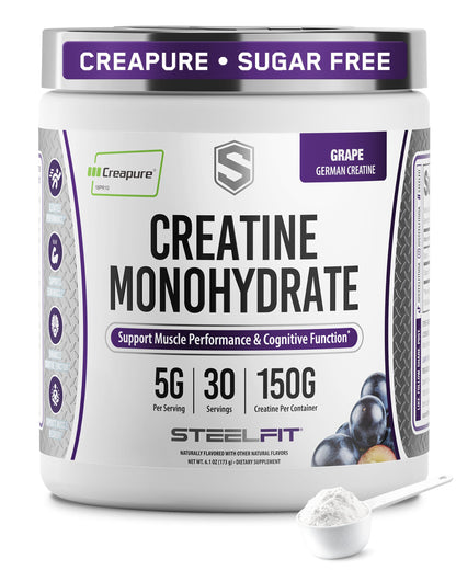 SteelFit Creapure Creatine Monohydrate Powder, Unflavored, 100 Servings | German Creatine Powder for Men, Women - Gym Workout Nutritional Supplements for Muscle Gain, Brain Health & Strength Building
